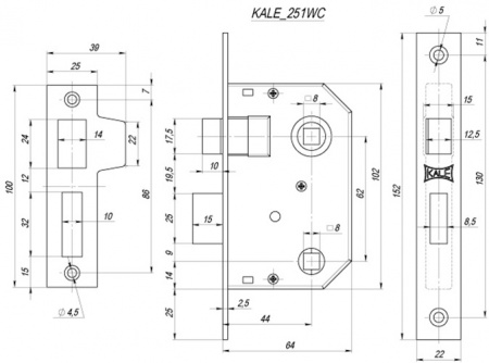 ЗАЩЁЛКА KALE KILIT ВРЕЗНАЯ 251 WC (44 ММ) (НИКЕЛЬ), ПРАВ.